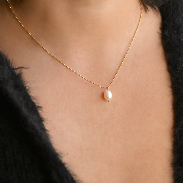 Dainty Pearl Pendant - Freshwater Pearl Ball Chain Necklace