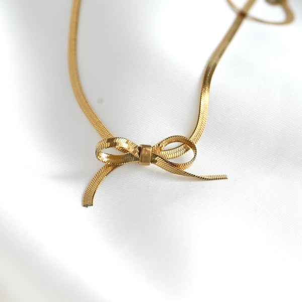 Ribbon Herringbone Necklace - Dainty Bow Choker Necklace