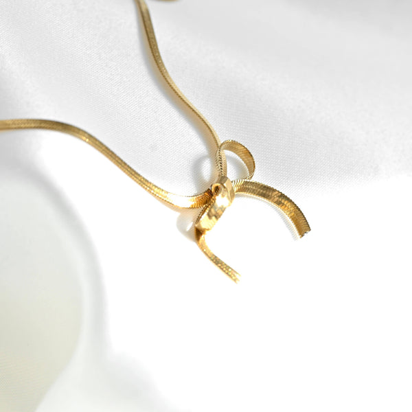 Ribbon Herringbone Necklace - Dainty Bow Choker Necklace