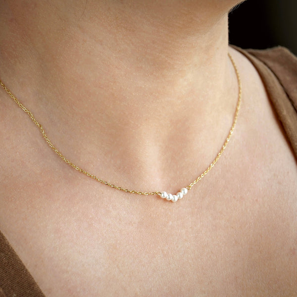 Pearl Chain Necklace - Dainty Curved Pearl Bar Necklace