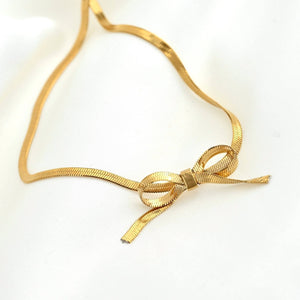 Ribbon Herringbone Necklace - Dainty Bow Choker Necklace