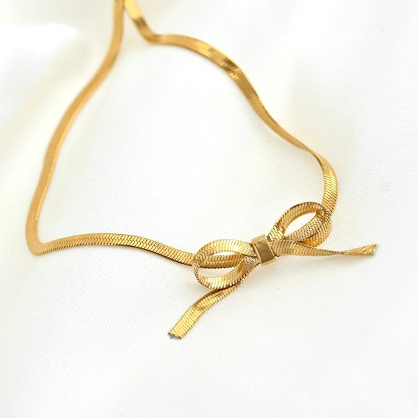 Ribbon Herringbone Necklace - Dainty Bow Choker Necklace