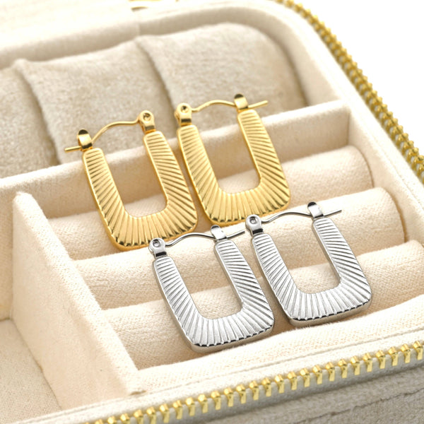 Textured U Hoops - Stainless Steel Rectangle Hoop Earrings