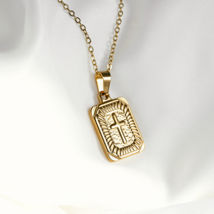 Rectangle Cross Necklace- Tarnish-free Texture Cross Pendant