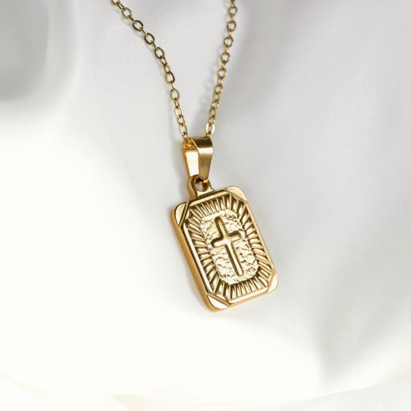Rectangle Cross Necklace- Tarnish-free Texture Cross Pendant