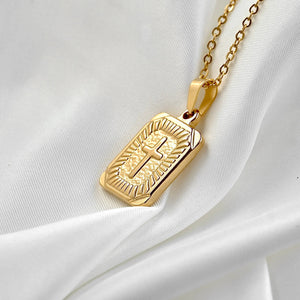 Rectangle Cross Necklace- Tarnish-free Texture Cross Pendant