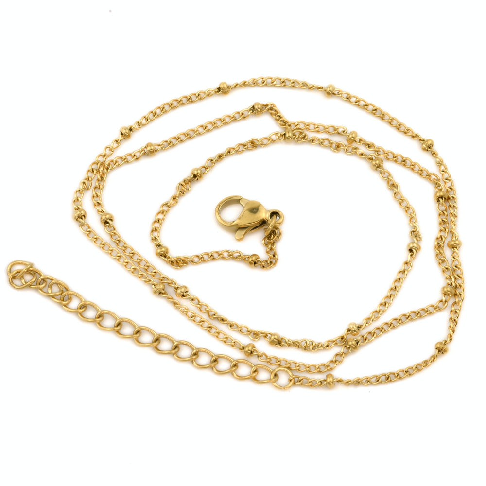 Curb Satellite Necklace - 18k Gold Beaded Chain Necklace
