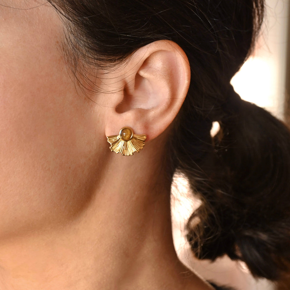 Medium Fan Earrings - Vintage Style Gold Tiger Eye Earrings