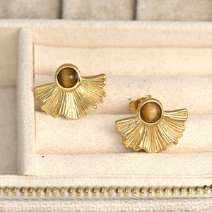 Medium Fan Earrings - Vintage Style Gold Tiger Eye Earrings