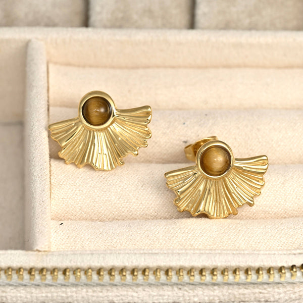 Medium Fan Earrings - Vintage Style Gold Tiger Eye Earrings