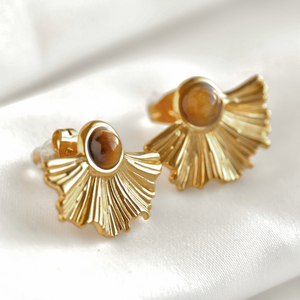 Medium Fan Earrings - Vintage Style Gold Tiger Eye Earrings