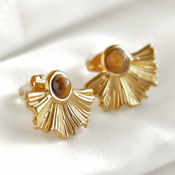Medium Fan Earrings - Vintage Style Gold Tiger Eye Earrings