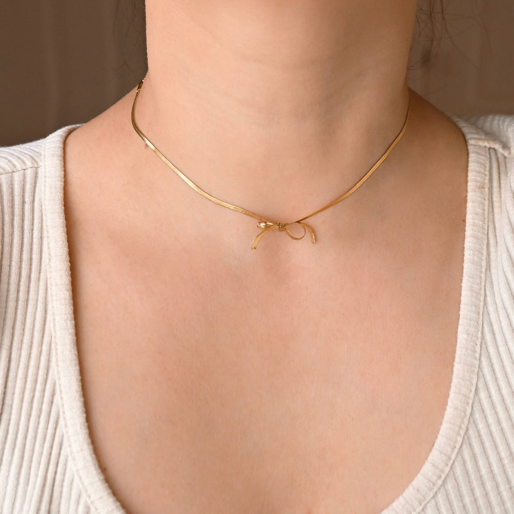 Ribbon Herringbone Necklace - Dainty Bow Choker Necklace