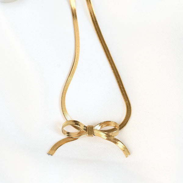 Ribbon Herringbone Necklace - Dainty Bow Choker Necklace