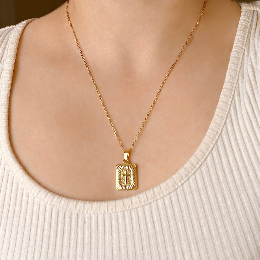 Rectangle Cross Necklace- Tarnish-free Texture Cross Pendant