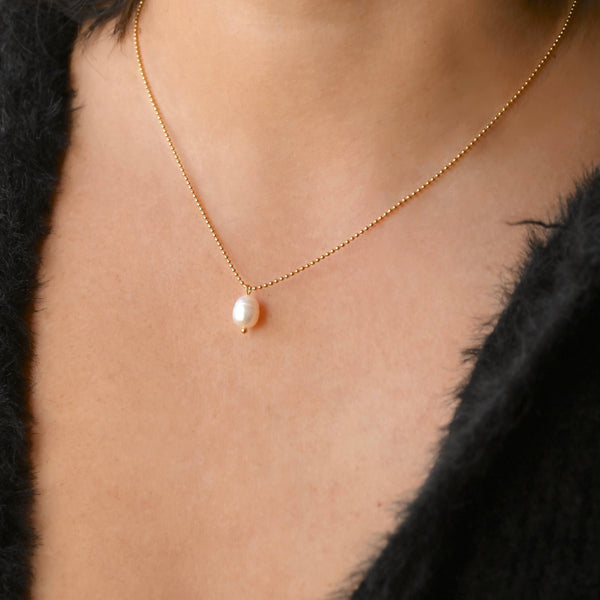 Dainty Pearl Pendant - Freshwater Pearl Ball Chain Necklace