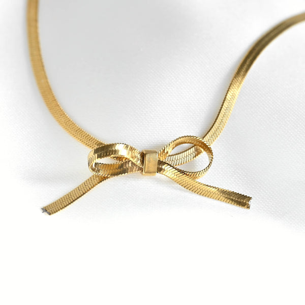 Ribbon Herringbone Necklace - Dainty Bow Choker Necklace