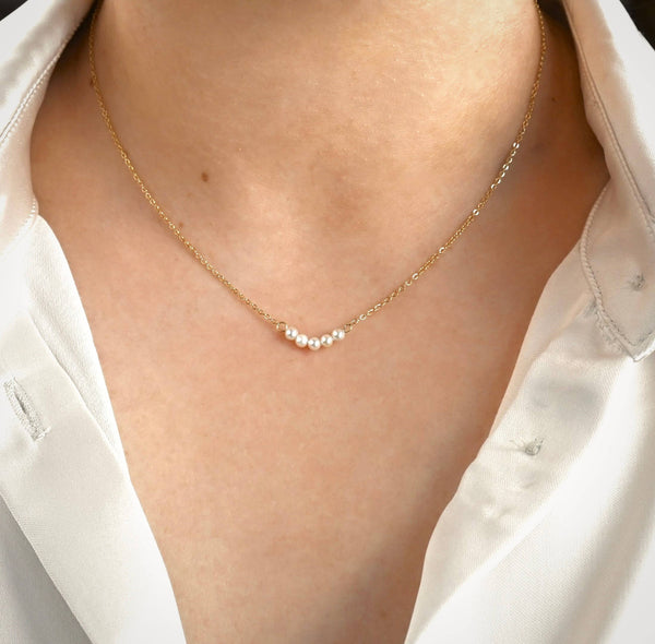 Pearl Chain Necklace - Dainty Curved Pearl Bar Necklace