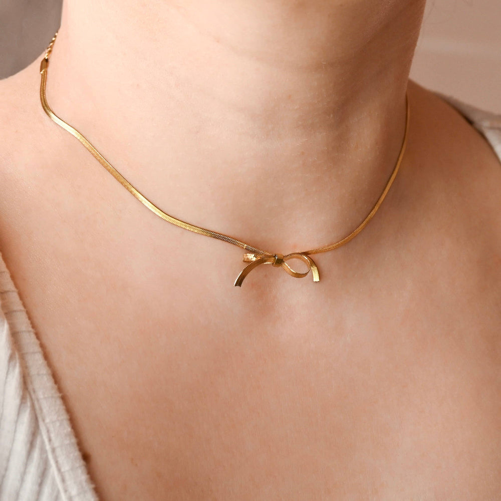 Ribbon Herringbone Necklace - Dainty Bow Choker Necklace