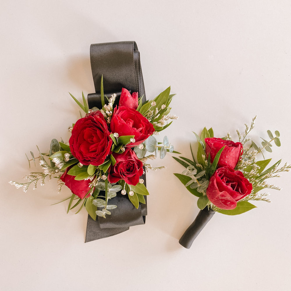 Dark Red boutonniere and wrist corsage