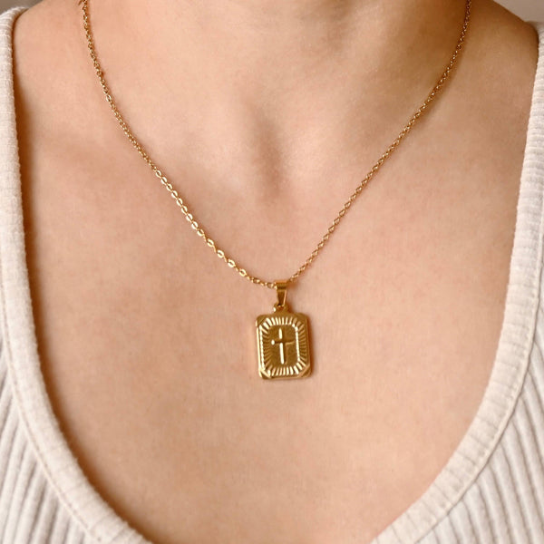 Rectangle Cross Necklace- Tarnish-free Texture Cross Pendant