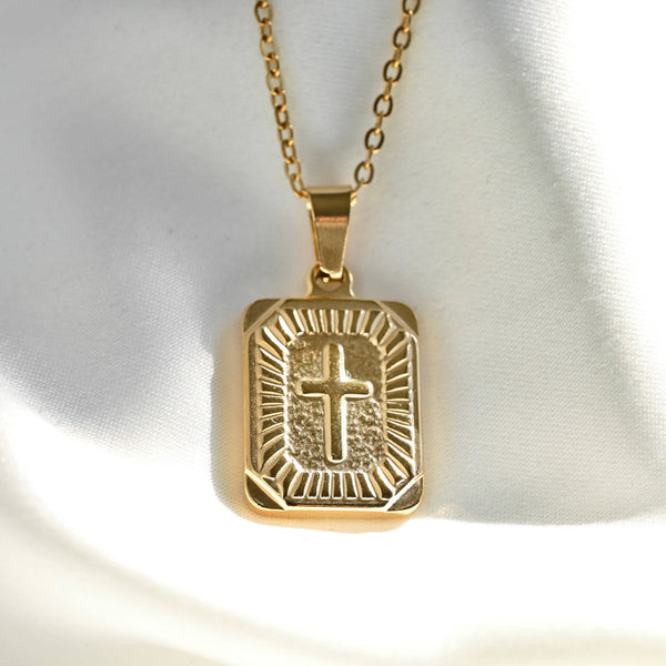 Rectangle Cross Necklace- Tarnish-free Texture Cross Pendant