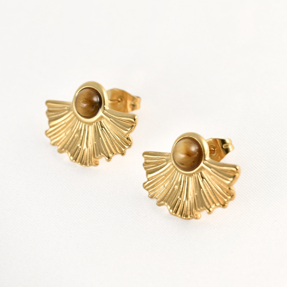 Medium Fan Earrings - Vintage Style Gold Tiger Eye Earrings