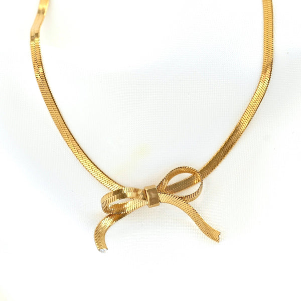 Ribbon Herringbone Necklace - Dainty Bow Choker Necklace