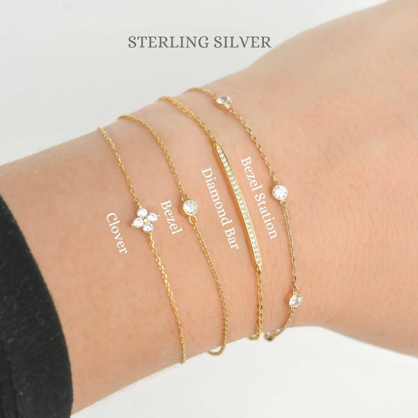 Silver Diamond Bracelet - Bezel Bracelet - Clover Bracelet
