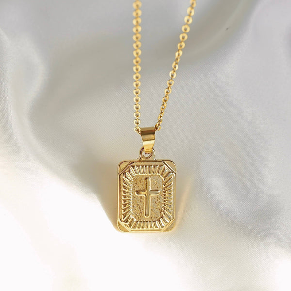 Rectangle Cross Necklace- Tarnish-free Texture Cross Pendant