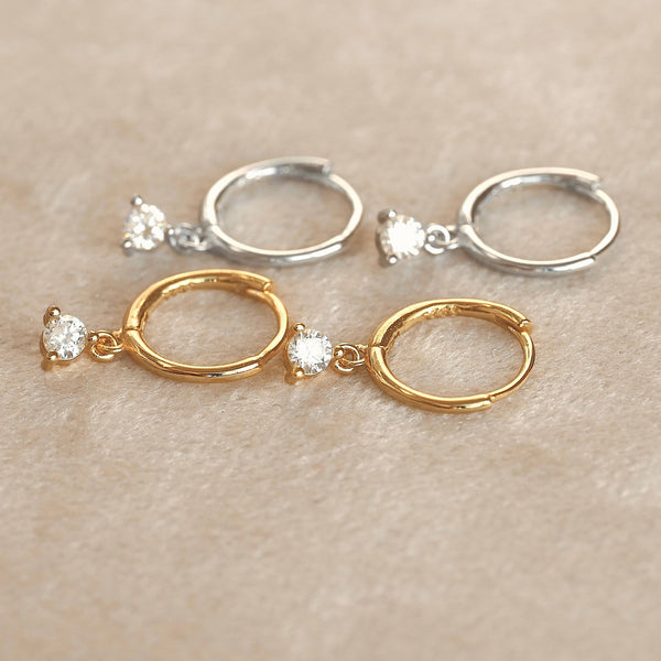 CZ Dangle Hoops - 925 Silver Round Diamond Hoop Earrings