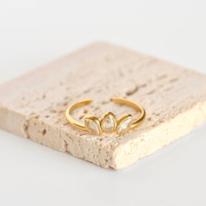 Diamond Lotus Ring - Stainless Steel Adjustable Flower Ring