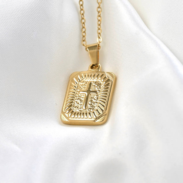 Rectangle Cross Necklace- Tarnish-free Texture Cross Pendant