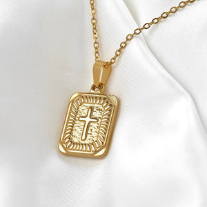 Rectangle Cross Necklace- Tarnish-free Texture Cross Pendant