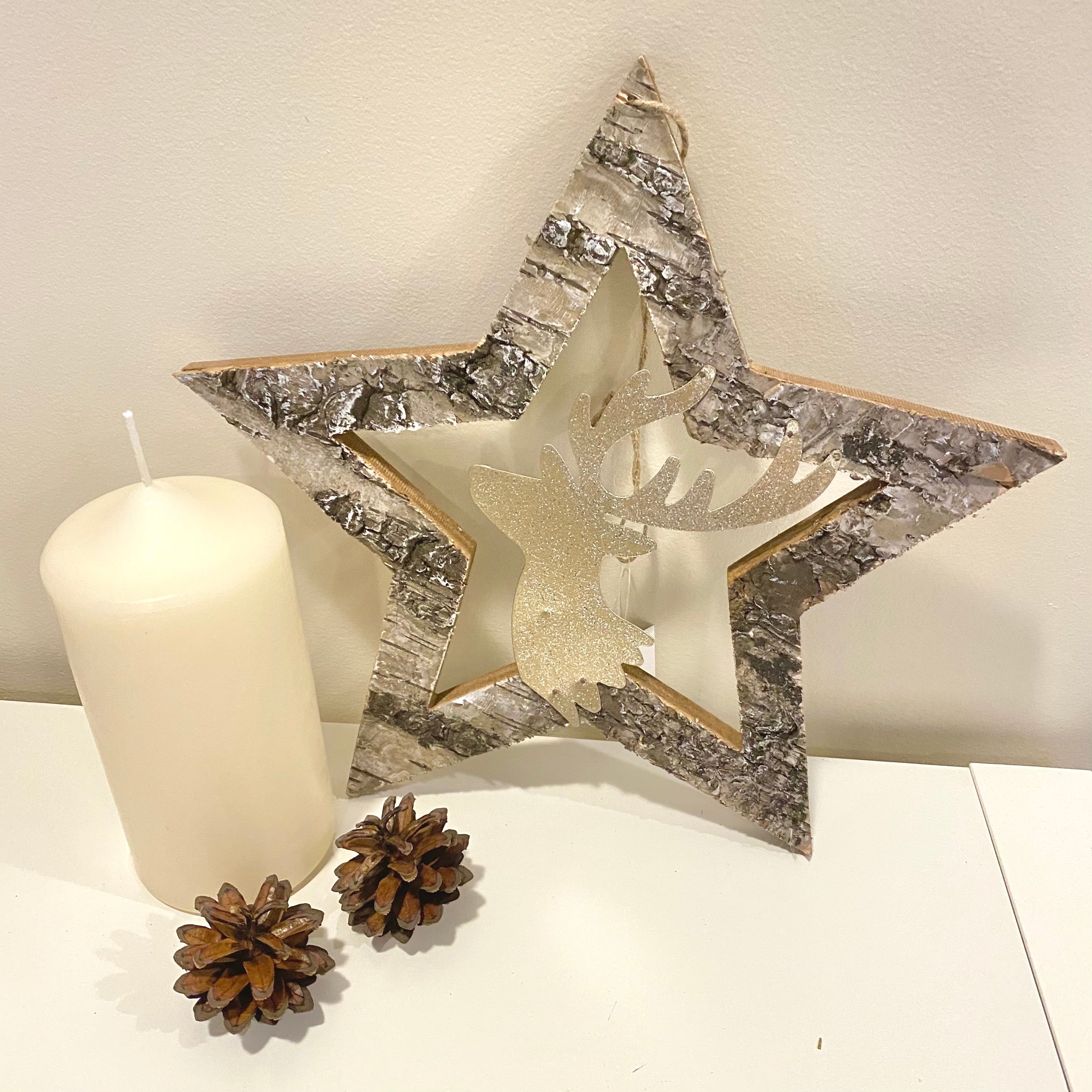 Wooden Star with Glittery Deer Silhouette